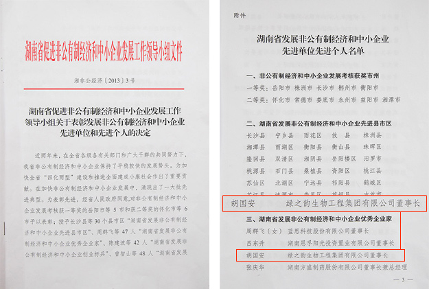 綠之韻董事長胡國安被評為“湖南省發(fā)展非公有制經(jīng)濟和中小企業(yè)優(yōu)秀企業(yè)家”
