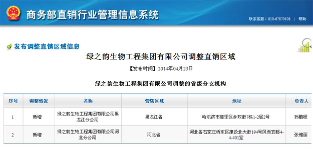 綠之韻獲國家商務(wù)部批準(zhǔn)，新增黑龍江、河北兩省直銷區(qū)域
